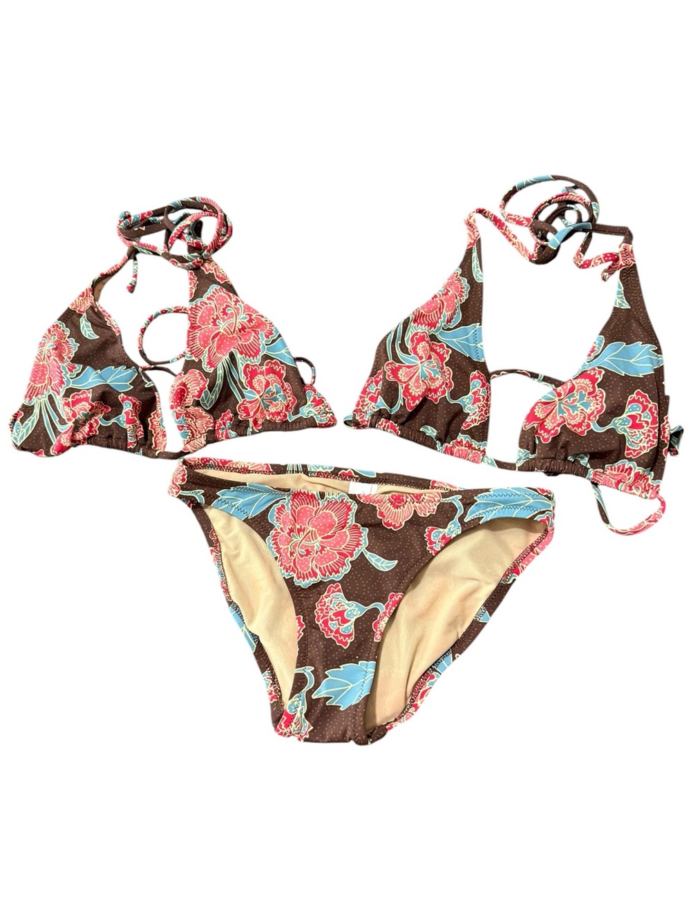 Vintage J. Crew Brown Floral Trim String Bikini - 2 Tops (S,L) 1 bottom (M)